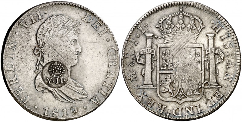 Isabel II. Resello (falso) YII bajo corona sobre 8 reales de México JJ de 1819. ...