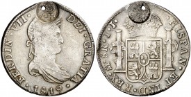 Isabel II. Resello (falso) YII bajo corona sobre 8 reales de México JJ de 1819. 26,82 g. Resello aplicado sobre ambas caras simultáneamente, en el mis...