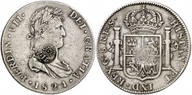 Isabel II. Resello (falso) YII bajo corona sobre 8 reales de Guadalajara FS de 1821. 26,63 g. MBC.