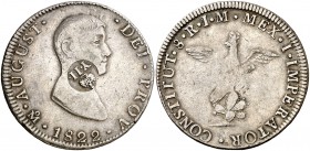 Isabel II. Resello YII bajo corona sobre 8 reales de México, México JM de 1822 de Iturbide. (Kr. 121). 26,85 g. Muy rara. MBC.