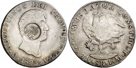 Isabel II. Resello YII bajo corona sobre 8 reales de México, México JM de 1823 de Iturbide. (Kr. 127). 26,76 g. Bonita pátina. Rara. MBC+.