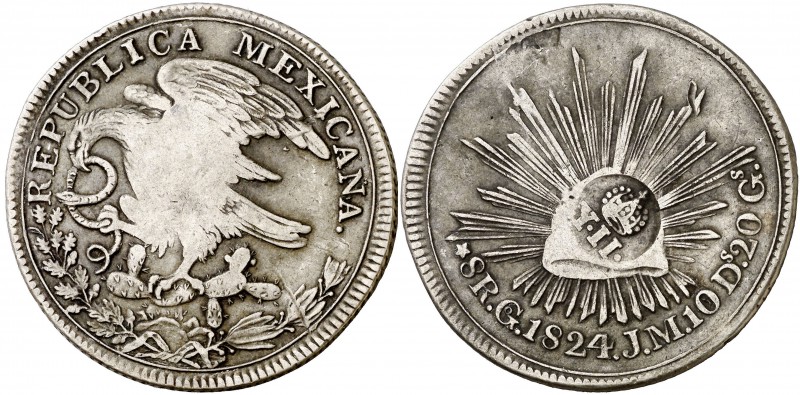 Isabel II. Resello YII bajo corona, en reverso, sobre 8 reales de México, Guanaj...