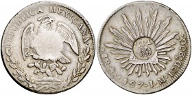 Isabel II. Resello YII bajo corona, en reverso, sobre 8 reales de México, México JM de 1827. (Kr. falta). 26,65 g. Preciosa pátina. MBC+.