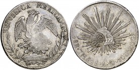 Isabel II. Resello (falso) YII bajo corona, en reverso, sobre 8 reales de México, Zacatecas AO de 1828. 26,96 g. Golpecitos. Preciosa pátina. MBC+.