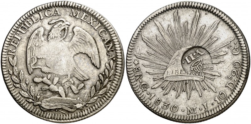 Isabel II. Resello YII bajo corona, en reverso, sobre 8 reales de México, Guanaj...