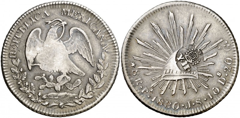 Isabel II. Resello YII bajo corona, en reverso, sobre 8 reales de México, San Lu...