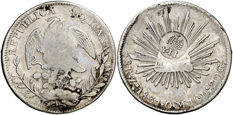Isabel II. Resello YII bajo corona, en reverso, sobre 8 reales de México, Zacate...
