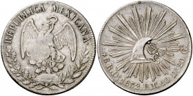Isabel II. Resello YII bajo corona, en reverso, sobre 8 reales de México, Durango RM de 1832. (Kr. falta). 26,55 g. Rara. MBC.