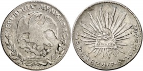 Isabel II. Resello YII bajo corona, en reverso, sobre 8 reales de México, Guadalajara FS de 1832. (Kr. falta). 26,69 g. MBC.