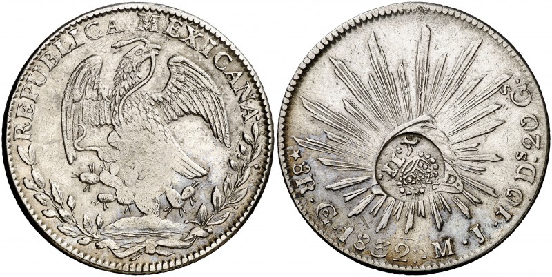 Isabel II. Resello YII bajo corona, en reverso, sobre 8 reales de México, Guanaj...