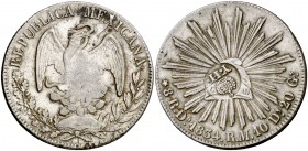 Isabel II. Resello YII bajo corona, en reverso, sobre 8 reales de México, Durango RM de 1834. (Kr. falta). 26,62 g. Rara. MBC+.