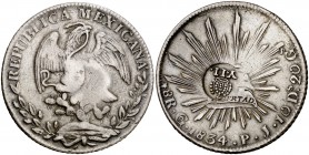Isabel II. Resello YII bajo corona, en reverso, sobre 8 reales de México, Guanajuato PJ de 1834. (Kr. 129). 26,91 g. Bella pátina. MBC.