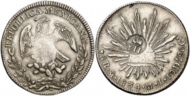 Isabel II. Resello YII bajo corona, en reverso, sobre 8 reales de México, México ML de 1834. (Kr. 128 var). 27,10 g. MBC.