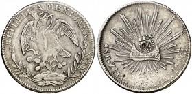 Isabel II. Resello YII bajo corona, en reverso, sobre 8 reales de México, Zacatecas OM de 1834. (Kr. falta). 27,15 g. Golpecitos. MBC.