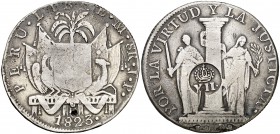 Isabel II. Resello YII bajo corona, en reverso, sobre 8 reales de Perú, Lima JP de 1823, tipo "Perú Libre". (Kr. 136). 26,54 g. Intento de perforación...
