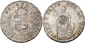Isabel II. Resello YII bajo corona, en reverso, sobre 8 reales de Perú, Cuzco G de 1831. (Kr. 138.4, mismo ejemplar). 26,78 g. Bella pátina rojiza. Ex...
