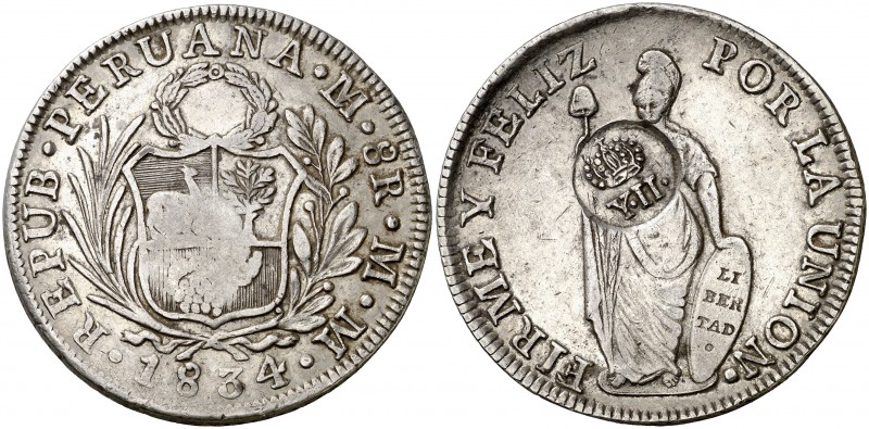 Isabel II. Resello YII bajo corona, en reverso, sobre 8 reales de Perú, Lima MM ...