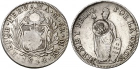 Isabel II. Resello YII bajo corona, en reverso, sobre 8 reales de Perú, Lima MM de 1834. (Kr. 138.2). 26,56 g. Preciosa pátina. Escasa así. MBC+.
