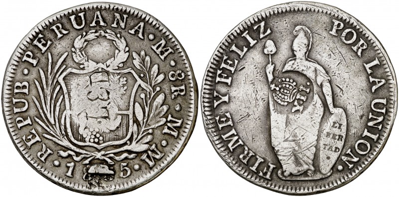 Isabel II. Resello YII bajo corona, en reverso, sobre 8 reales de Perú, Lima MM ...
