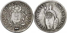 Isabel II. Resello YII bajo corona, en reverso, sobre 8 reales de Perú, Lima MM de 1835. (Kr. 138.2). 25,95 g. Graffiti LED y soldadura en anverso. BC...