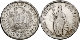Isabel II. Resello YII bajo corona, en reverso, sobre 8 reales de Perú, Lima MM de 1835. (Kr. 138.2). 26,80 g. MBC.