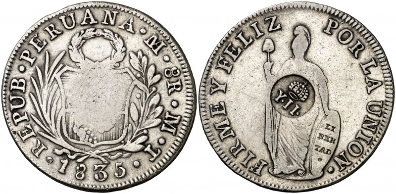 Isabel II. Resello YII bajo corona, en reverso, sobre 8 reales de Perú, Lima MT ...