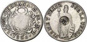 Isabel II. Resello YII bajo corona, en reverso, sobre 8 reales de Perú, Lima MT de 1835. (Kr. 138.2). 26,48 g. MBC.