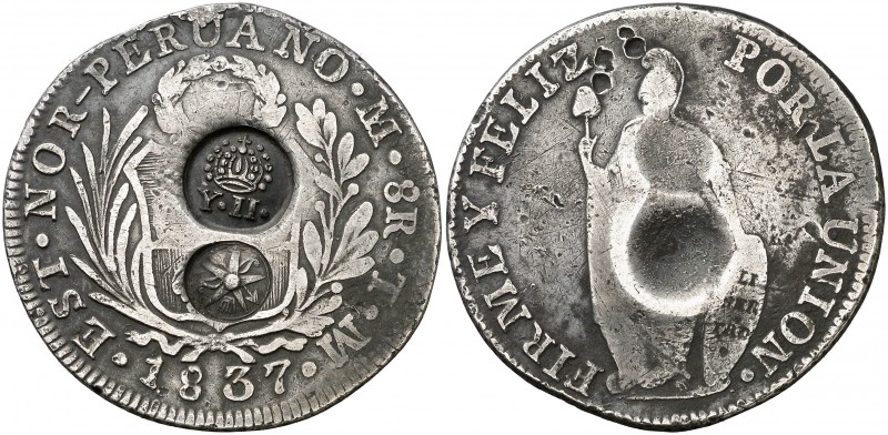 Isabel II. Resellos YII bajo corona (Kr. 138.2) y estrella atravesada de flecha ...
