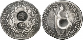 Isabel II. Resellos YII bajo corona (Kr. 138.2) y estrella atravesada de flecha (?) sobre 8 reales de Perú, Lima TM de 1837. 25,29 g. Golpecitos. MBC-...