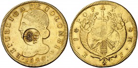 Isabel II. 27 g. Resello YII bajo corona sobre 8 escudos de la República de Colombia, Popayán FM de 1826. En su catálogo especializado "La Onza", Xavi...