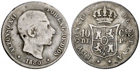1880. Alfonso XII. Manila. 10 centavos. (Cal. 93) (Basso 64). 2,49 g. Golpecitos. Rara. BC+/MBC-.