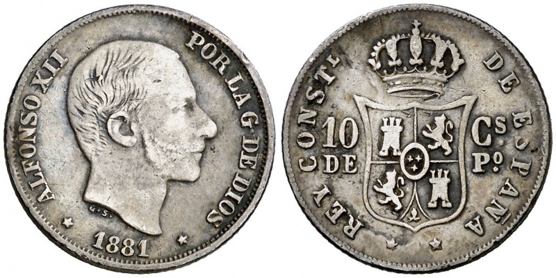 1881. AlfonsoXII. Manila. 10 centavos. (Cal. 94) (Basso 64). 2,41 g. Leves golpe...