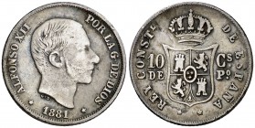 1881. AlfonsoXII. Manila. 10 centavos. (Cal. 94) (Basso 64). 2,41 g. Leves golpecitos. Bonita pátina. MBC.
