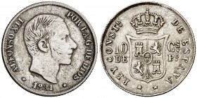 1881. Alfonso XII. Manila. 10 centavos. (Cal. 94) (Basso 64 var). 2,56 g. Los dos 8 de la fecha parcialmente acuñados. MBC.