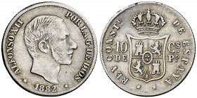 1882/1. Alfonso XII. Manila. 10 centavos. (Cal. 95 var) (Basso 64 var). 2,54 g. Golpecitos. MBC-/BC+.