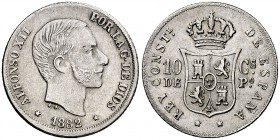 1882. Alfonso XII. Manila. 10 centavos. (Cal. 95) (Basso 64). 2,59 g. Buen ejemplar. MBC+.