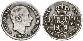 1883/1. Alfonso XII. Manila. 10 centavos. (Cal. 96 var) (Basso 64d var). 2,47 g. Rayitas. (MBC-).