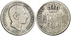 1883/2. Alfonso XII. Manila. 10 centavos. (Cal. 96 var) (Basso 64d). 2,44 g. BC.