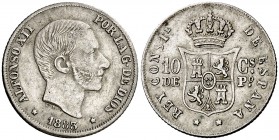 1883. Alfonso XII. Manila. 10 centavos. (Cal. 96) (Basso 64 var). 2,57 g. El ordinal del rey: XII sobre IIX. Rara rectificación. MBC+/MBC.