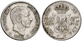 1884. Alfonso XII. Manila. 10 centavos. (Cal. 97) (Basso 64). 2,58 g. Bella. Ex Áureo 17/12/2003, nº 1406. Muy rara así. EBC-.