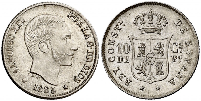 1885/3. Alfonso XII. Manila. 10 centavos. (Cal. 98 var) (Basso 64e). 2,53 g. Bel...