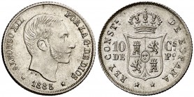 1885/3. Alfonso XII. Manila. 10 centavos. (Cal. 98 var) (Basso 64e). 2,53 g. Bella. Brillo original. S/C-.