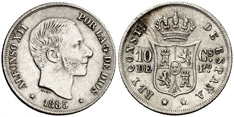 1885. Alfonso XII. Manila. 10 centavos. (Cal. 98) (Basso 64e var). 2,58 g. El pr...