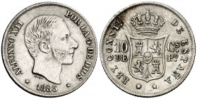 1885. Alfonso XII. Manila. 10 centavos. (Cal. 98) (Basso 64e var). 2,58 g. El primer 8 y el 5 de la fecha acuñados dos veces. Rayitas en reverso. EBC....