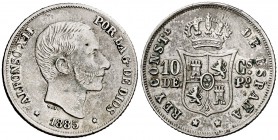 1885. Alfonso XII. Manila. 10 centavos. (Cal. 98) (Basso 64e). 2,59 g. El 5 de la fecha con doble travesaño. EBC.