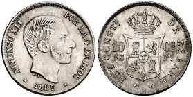 1885. Alfonso XII. Manila. 10 centavos. (Cal. 98) (Basso 64 var). 2,51 g. Las letras de ALFONSO con doble acuñación. El 5 de la fecha muy separado. Ra...