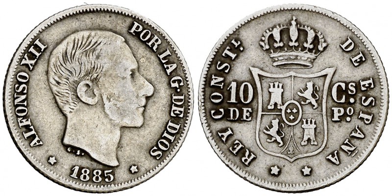 1885. Alfonso XII. Manila. 10 centavos. (Cal. 98) (Basso 64 var). 2,56 g. Revers...