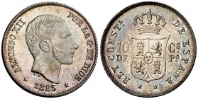 1885. Alfonso XII. Manila. 10 centavos. (Cal. 98) (Basso 64 var). 2,61 g. El primer 8 de la fecha rectificado sobre otro. Bellísima. Pátina. S/C.