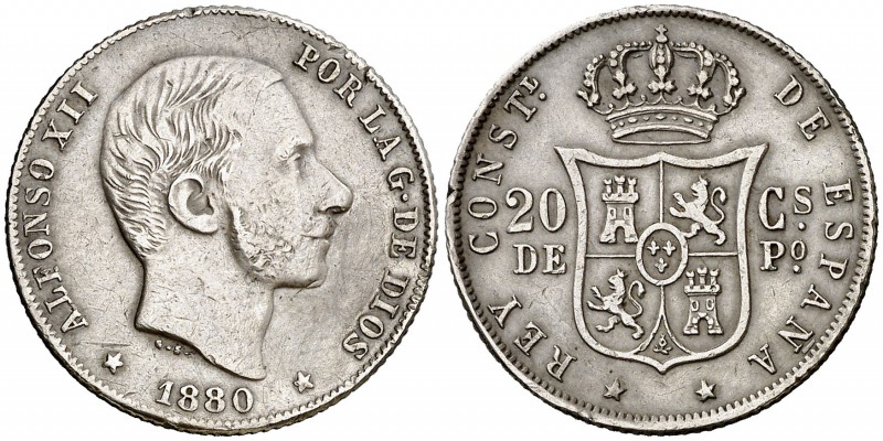 1880. Alfonso XII. Manila. 20 centavos. (Cal. 93) (Basso 65). 5,16 g. Golpecitos...