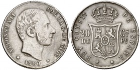 1880. Alfonso XII. Manila. 20 centavos. (Cal. 93) (Basso 65). 5,16 g. Golpecitos. Rara. MBC.